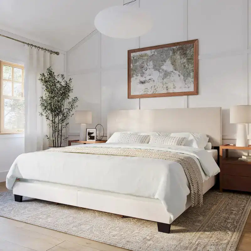 Modern Upholstered Bed Frame with Padded Headboard and Low Profile
