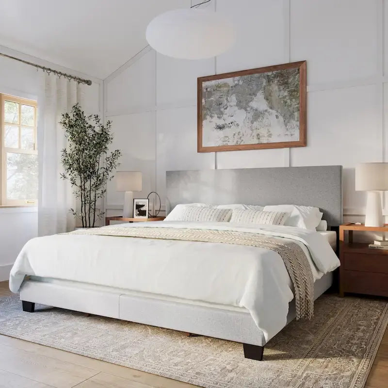 Modern Upholstered Bed Frame with Padded Headboard and Low Profile