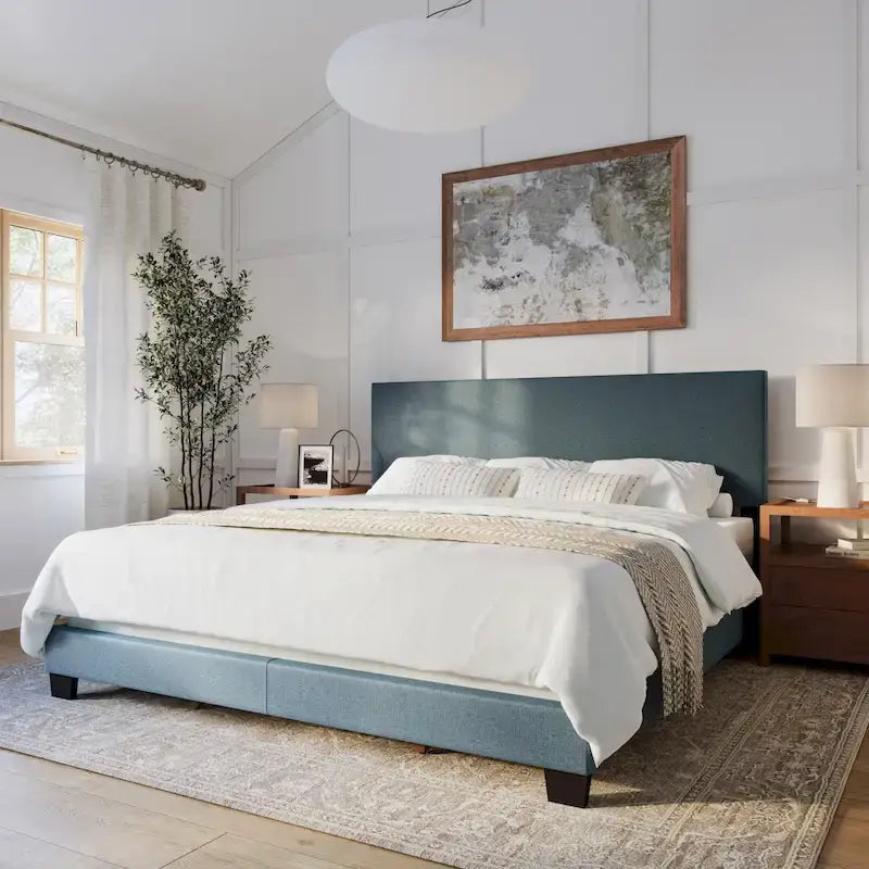 Modern Upholstered Bed Frame with Padded Headboard and Low Profile