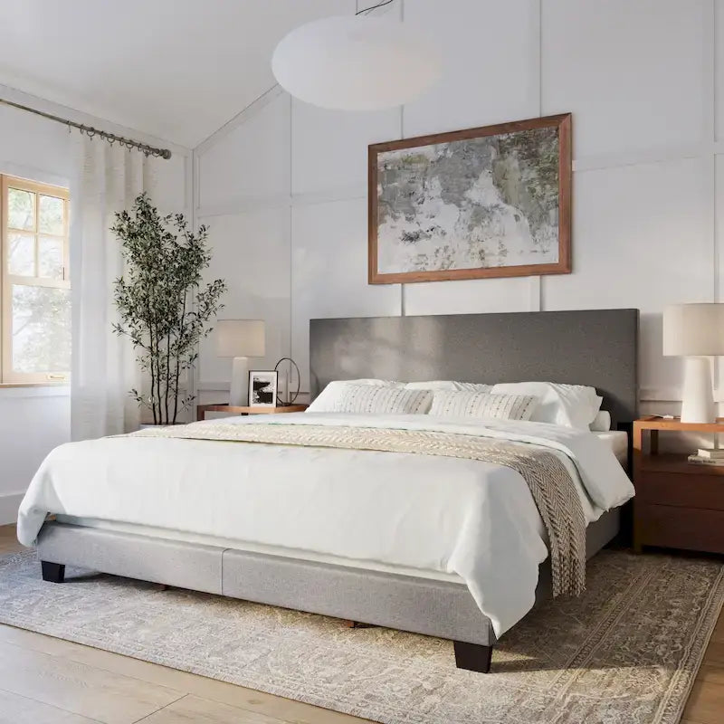 Modern Upholstered Bed Frame with Padded Headboard and Low Profile
