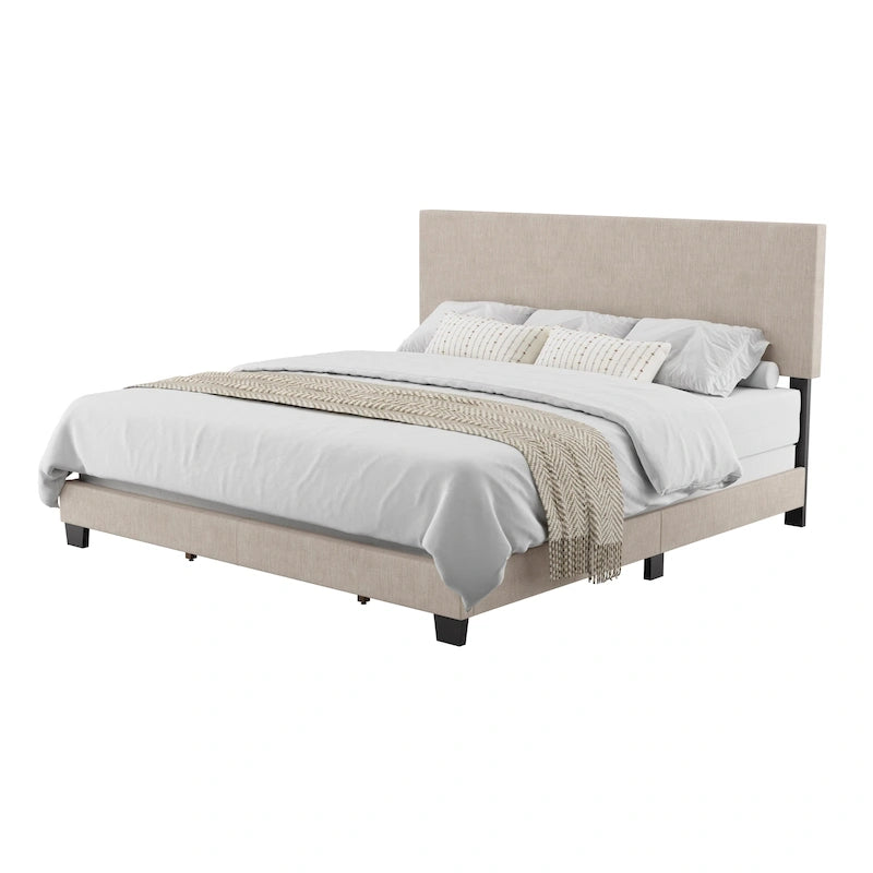 Modern Upholstered Bed Frame with Padded Headboard and Low Profile