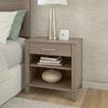 Transitional Grey Ash Nightstand with Drawer and Two Open Shelves