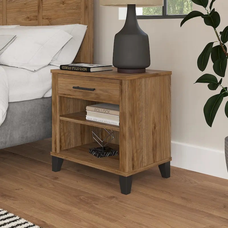 Transitional Grey Ash Nightstand with Drawer and Two Open Shelves