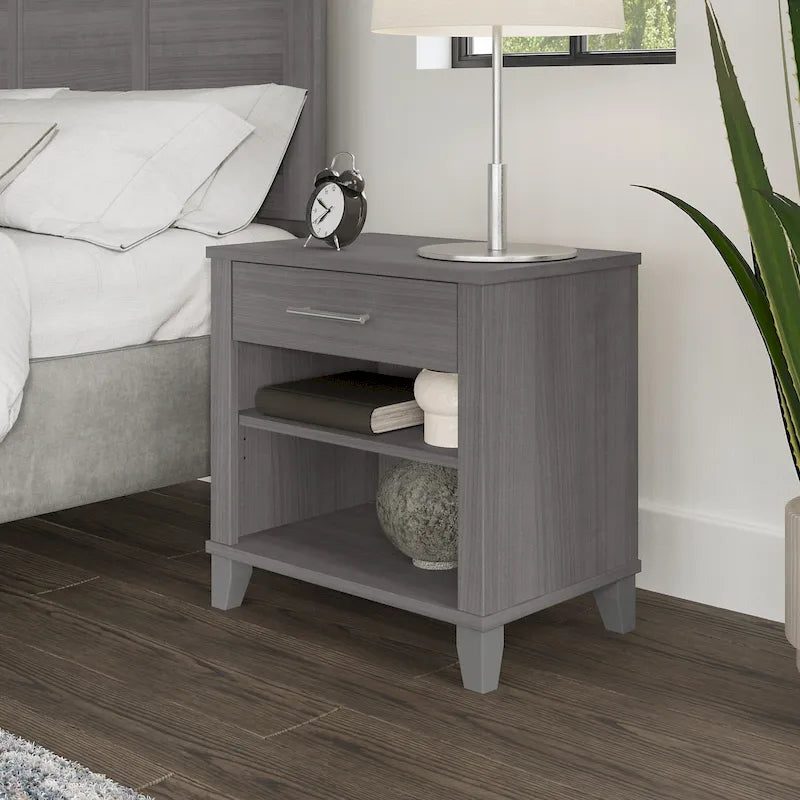 Transitional Grey Ash Nightstand with Drawer and Two Open Shelves
