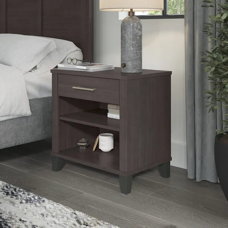 Transitional Grey Ash Nightstand with Drawer and Two Open Shelves
