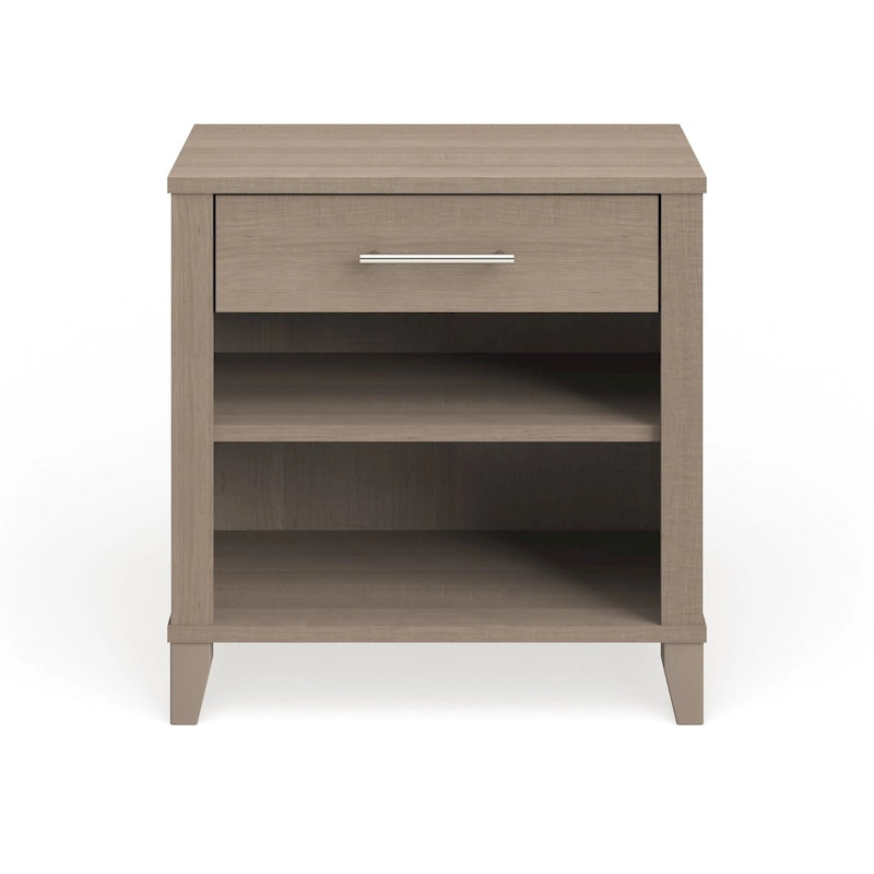 Transitional Grey Ash Nightstand with Drawer and Two Open Shelves