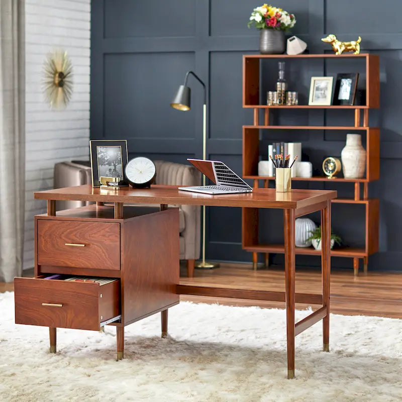 Mid-Century Modern Two-Drawer Writing Desk with Raised Top and Storage