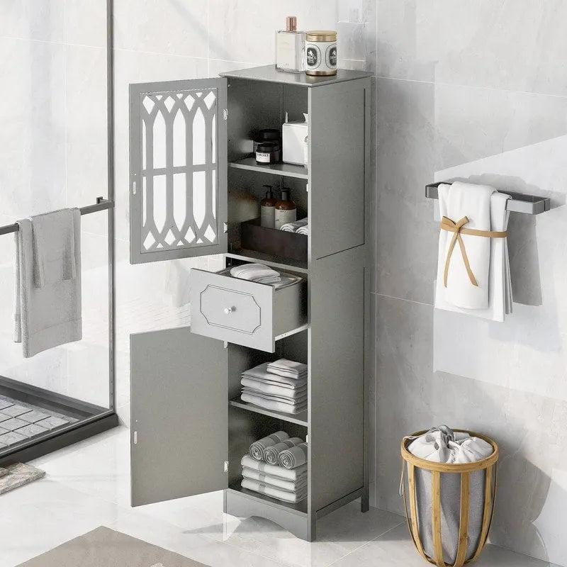 Slim Freestanding Bathroom Storage Cabinet with Drawer and Decorative Doors