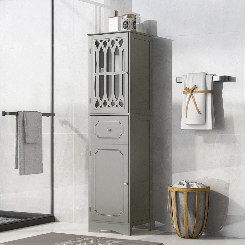Slim Freestanding Bathroom Storage Cabinet with Drawer and Decorative Doors