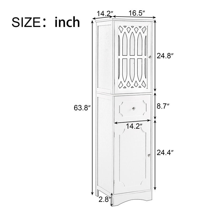 Slim Freestanding Bathroom Storage Cabinet with Drawer and Decorative Doors
