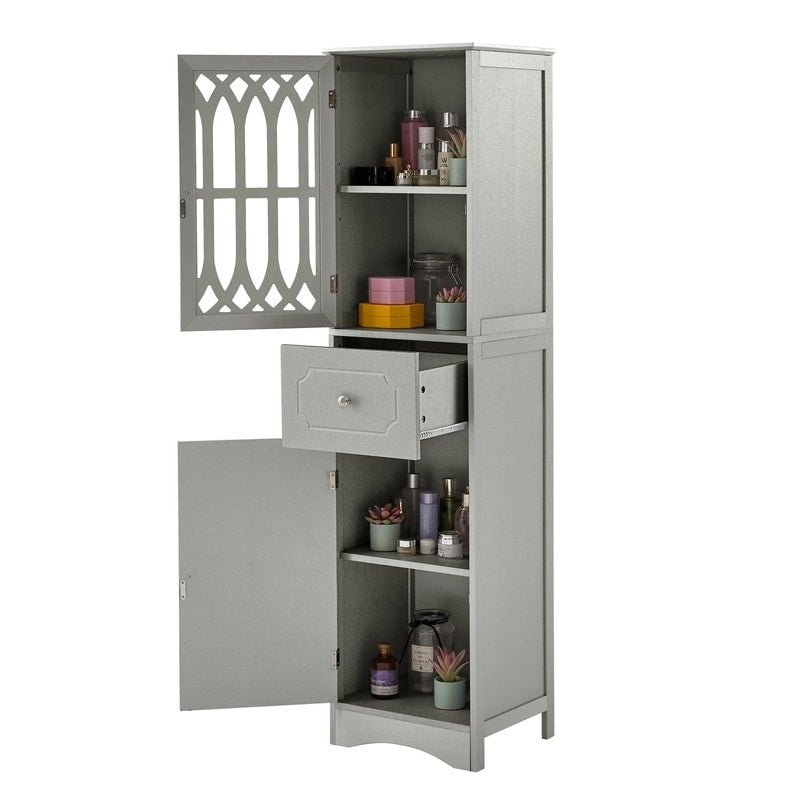Slim Freestanding Bathroom Storage Cabinet with Drawer and Decorative Doors