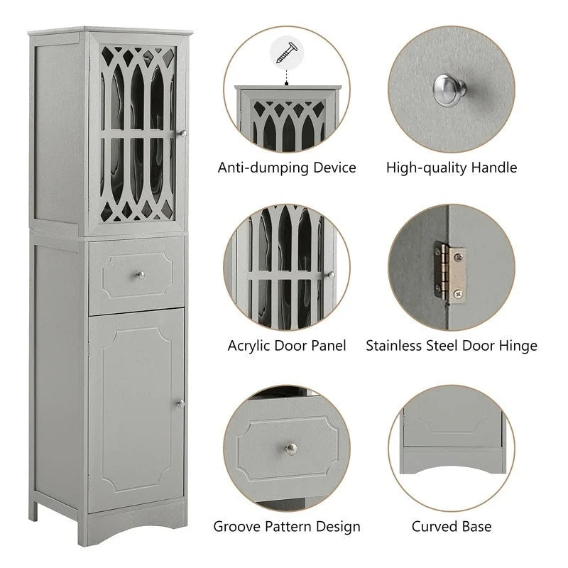 Slim Freestanding Bathroom Storage Cabinet with Drawer and Decorative Doors