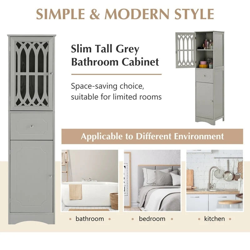 Slim Freestanding Bathroom Storage Cabinet with Drawer and Decorative Doors