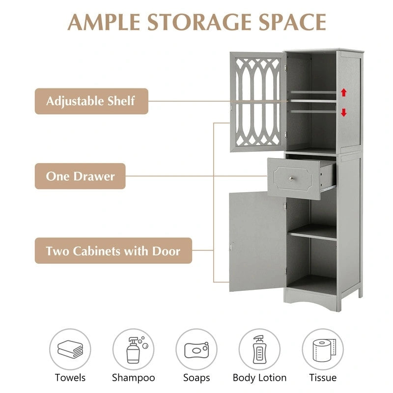Slim Freestanding Bathroom Storage Cabinet with Drawer and Decorative Doors