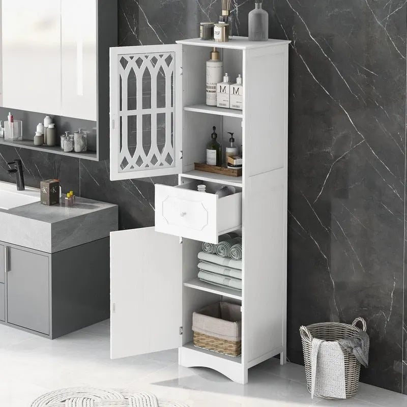 Slim Freestanding Bathroom Storage Cabinet with Drawer and Decorative Doors