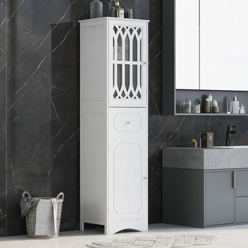 Slim Freestanding Bathroom Storage Cabinet with Drawer and Decorative Doors