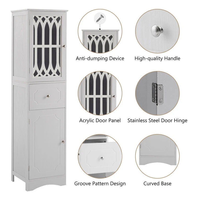 Slim Freestanding Bathroom Storage Cabinet with Drawer and Decorative Doors