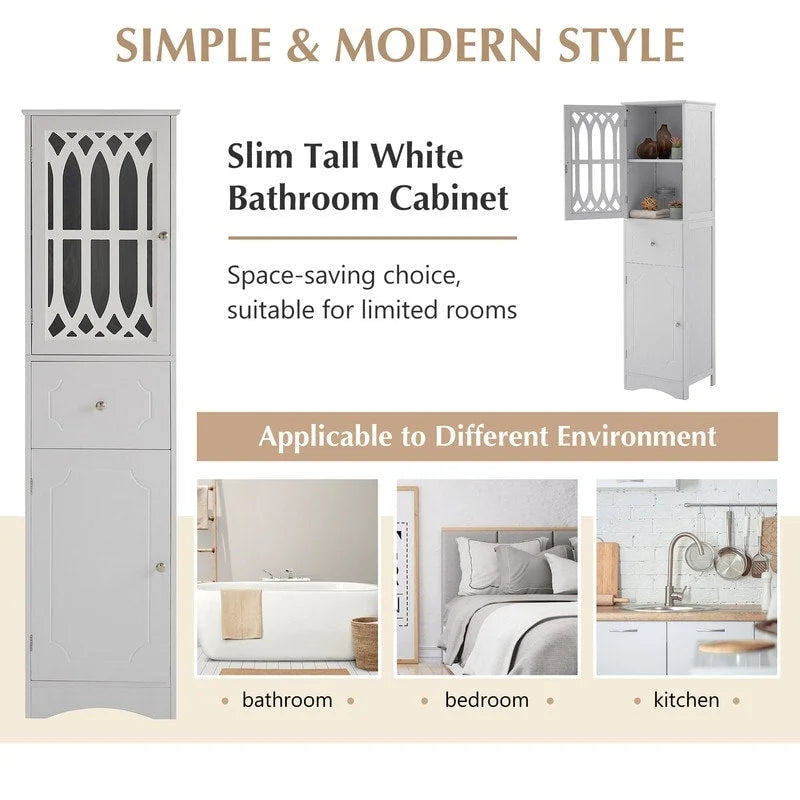Slim Freestanding Bathroom Storage Cabinet with Drawer and Decorative Doors