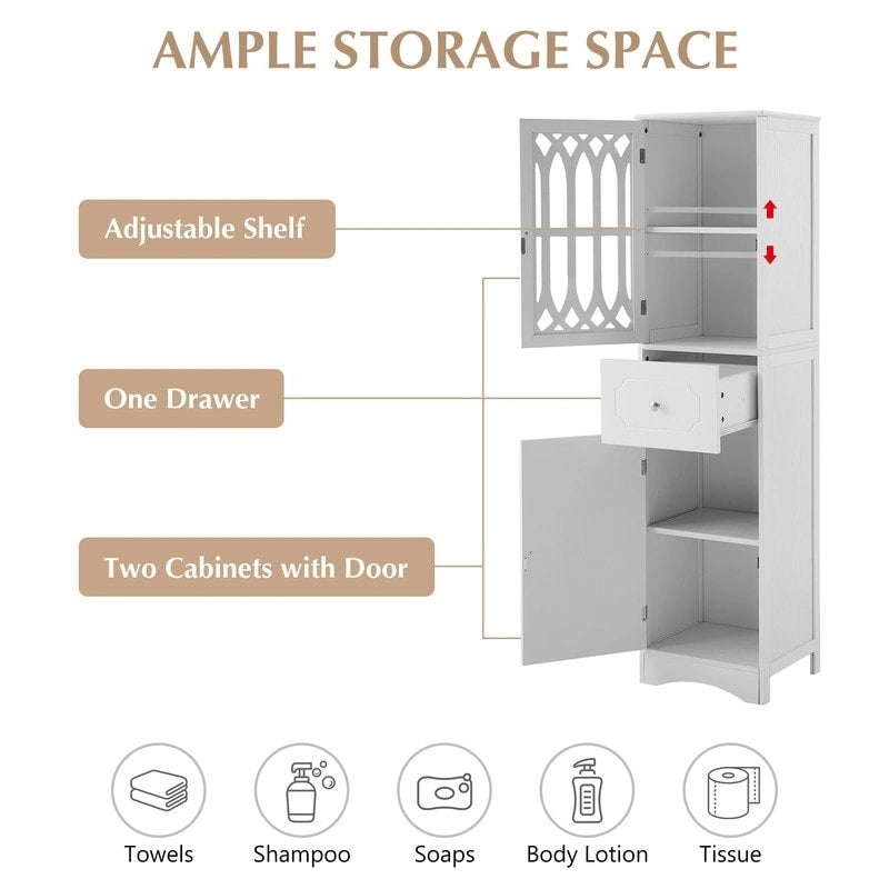 Slim Freestanding Bathroom Storage Cabinet with Drawer and Decorative Doors