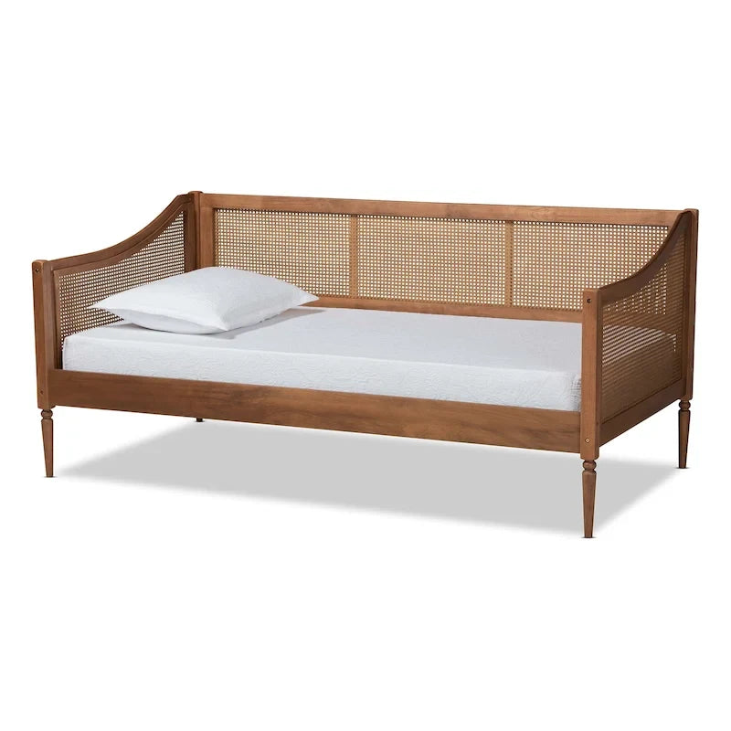 Walnut Brown Mid-Century Wooden Daybed with Woven Synthetic Rattan Panels