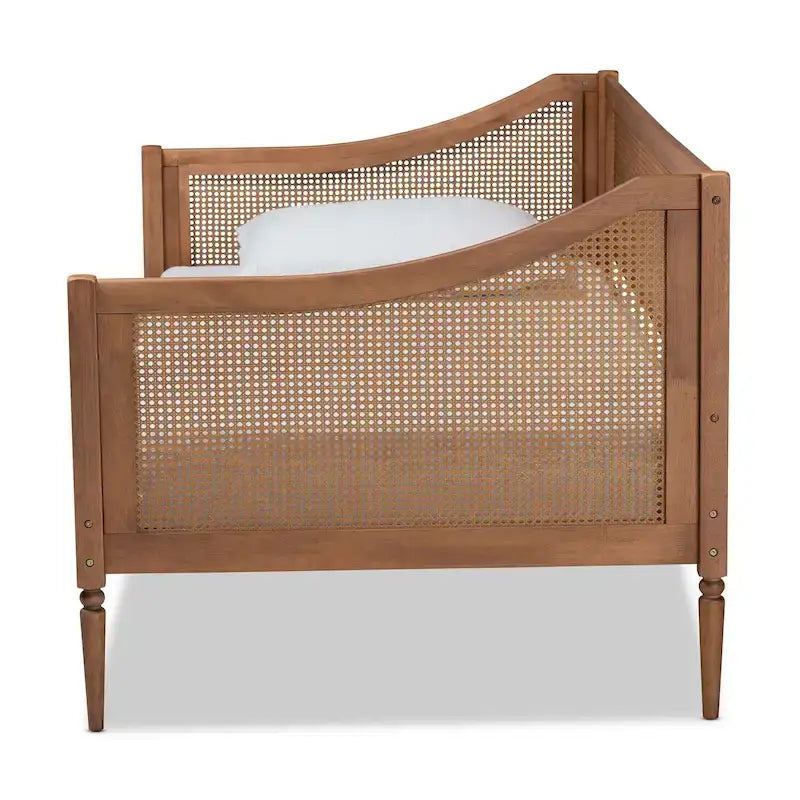 Walnut Brown Mid-Century Wooden Daybed with Woven Synthetic Rattan Panels