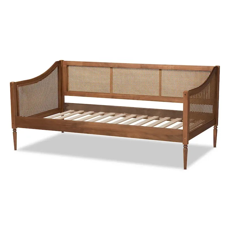Walnut Brown Mid-Century Wooden Daybed with Woven Synthetic Rattan Panels