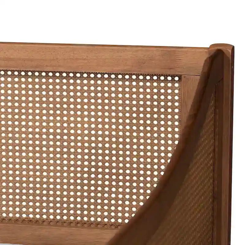 Walnut Brown Mid-Century Wooden Daybed with Woven Synthetic Rattan Panels