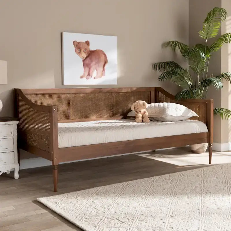 Walnut Brown Mid-Century Wooden Daybed with Woven Synthetic Rattan Panels