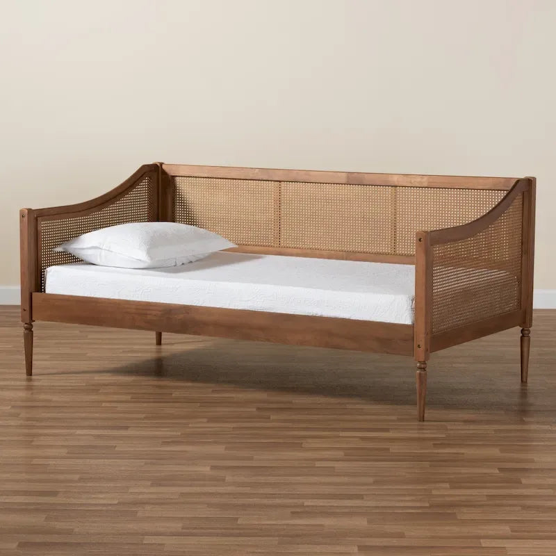 Walnut Brown Mid-Century Wooden Daybed with Woven Synthetic Rattan Panels