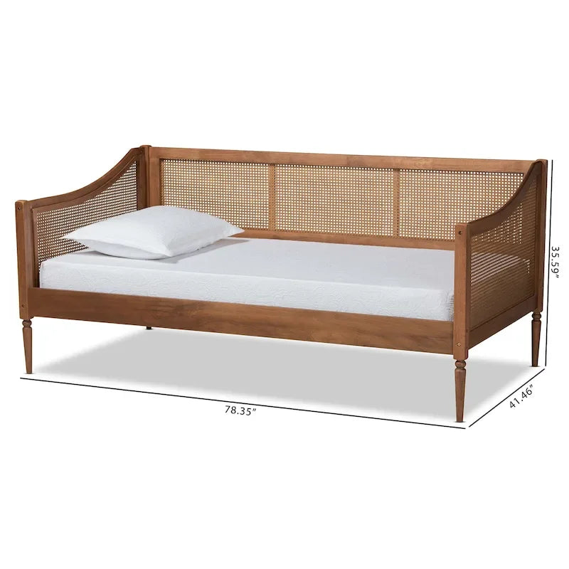 Walnut Brown Mid-Century Wooden Daybed with Woven Synthetic Rattan Panels