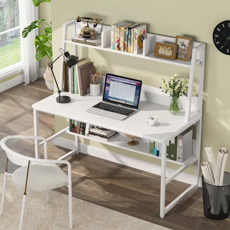 Modern Computer Desk with Open Shelves and Metal Frame