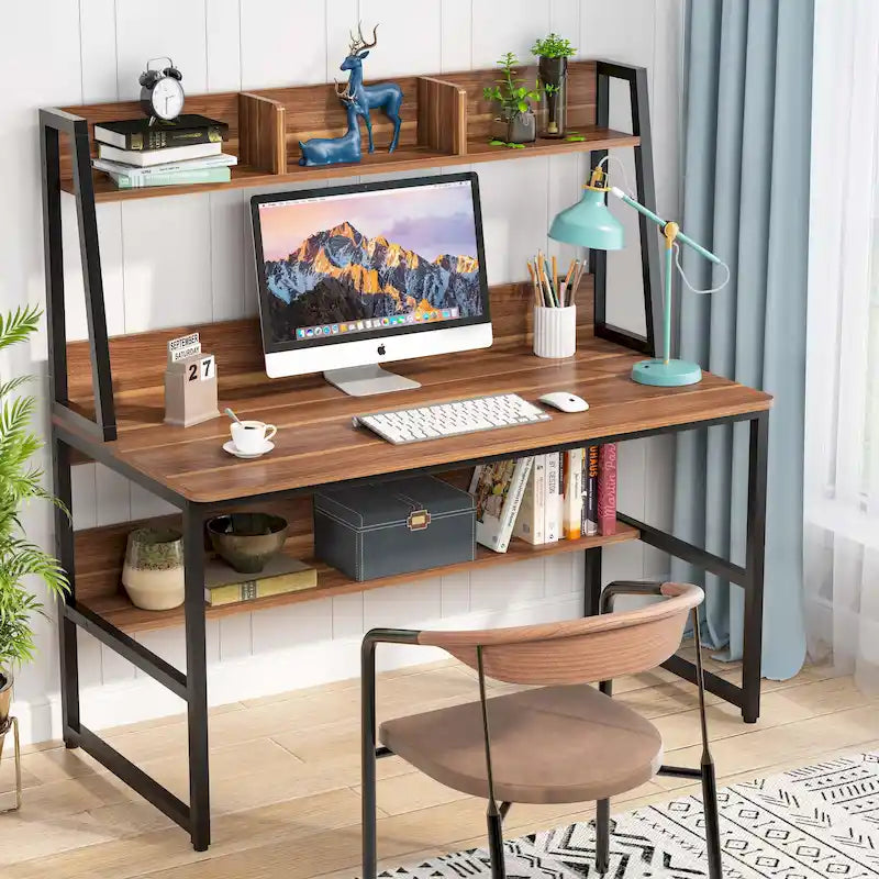 Modern Computer Desk with Open Shelves and Metal Frame