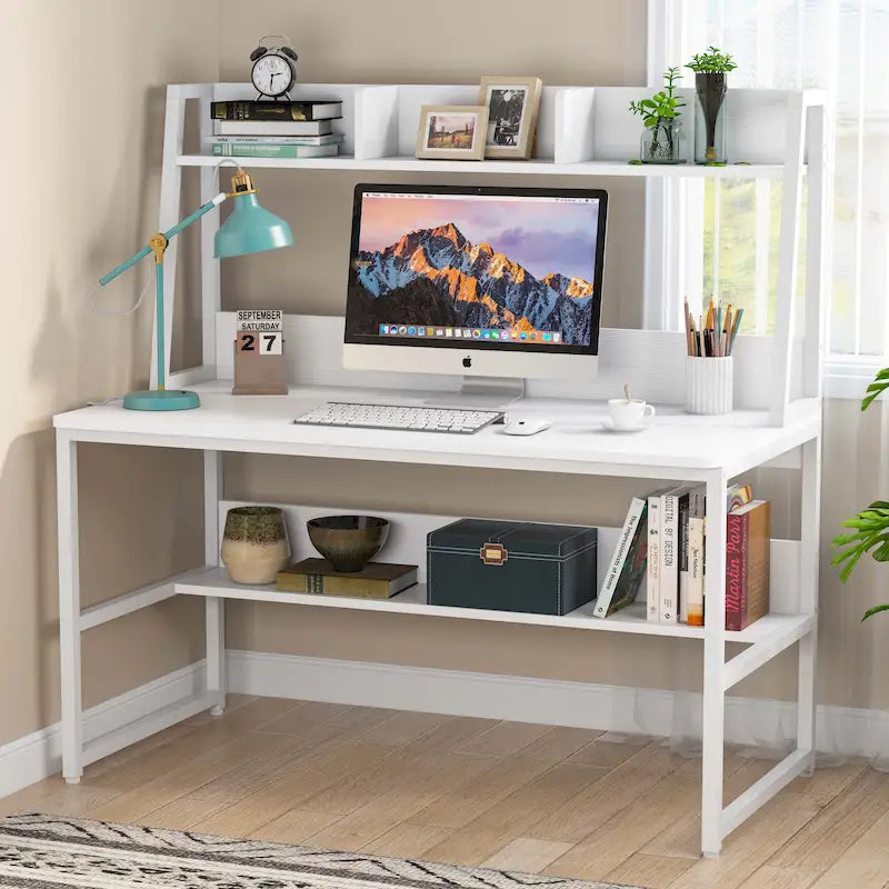 Modern Computer Desk with Open Shelves and Metal Frame