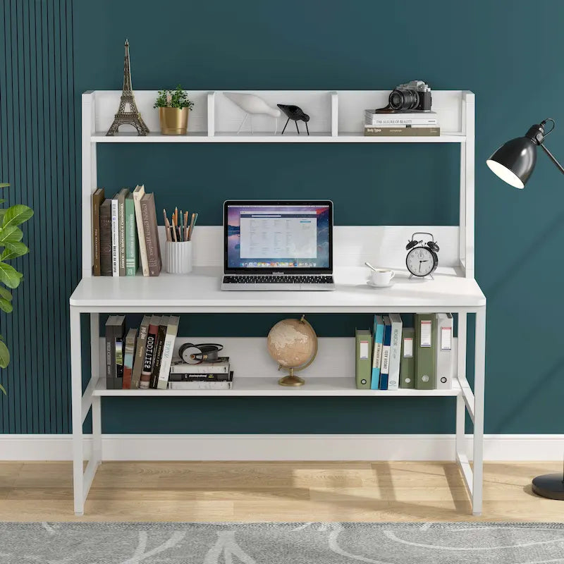 Modern Computer Desk with Open Shelves and Metal Frame