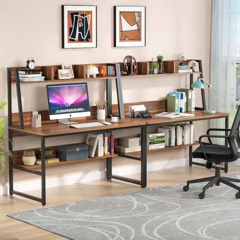 Modern Computer Desk with Open Shelves and Metal Frame