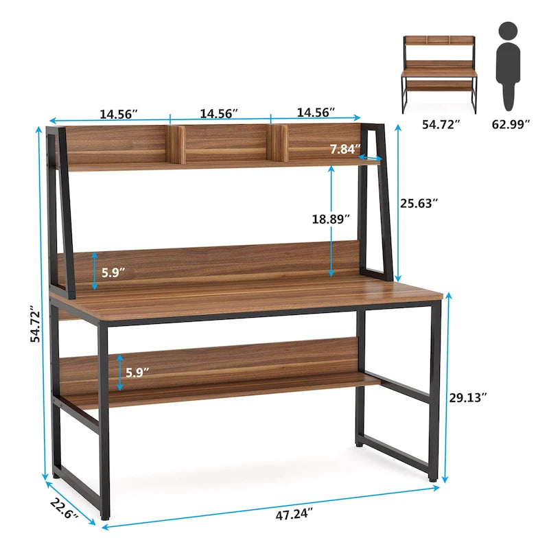 Modern Computer Desk with Open Shelves and Metal Frame