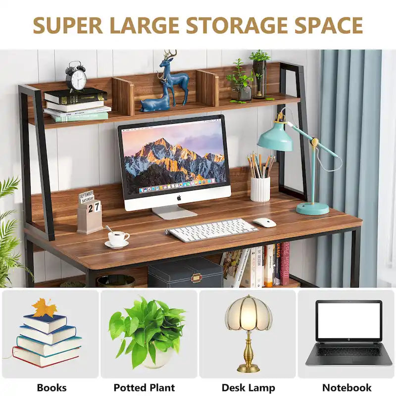Modern Computer Desk with Open Shelves and Metal Frame