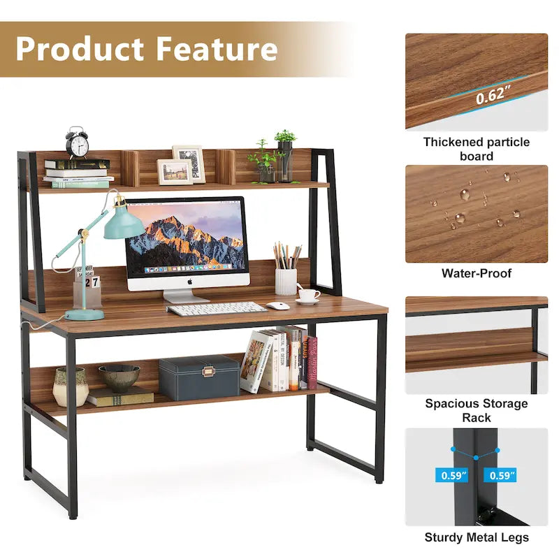 Modern Computer Desk with Open Shelves and Metal Frame