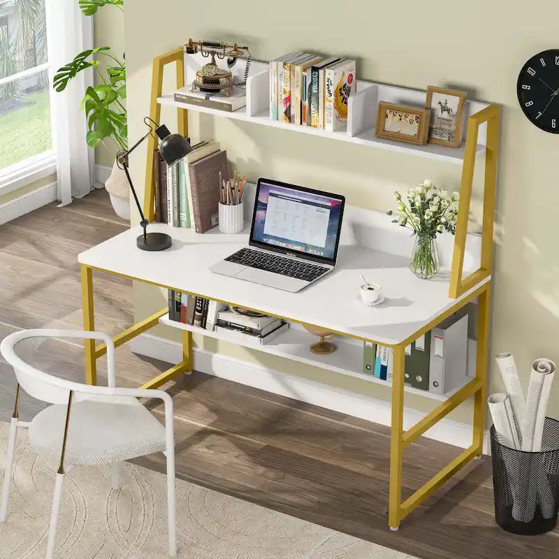 Modern Computer Desk with Open Shelves and Metal Frame