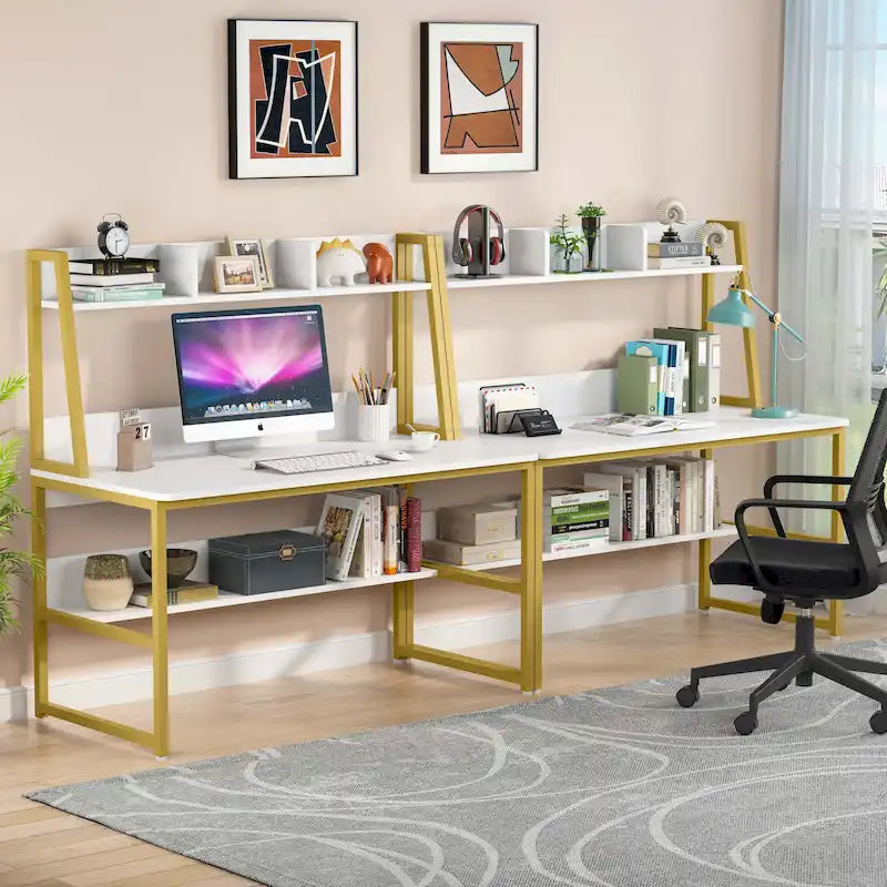 Modern Computer Desk with Open Shelves and Metal Frame