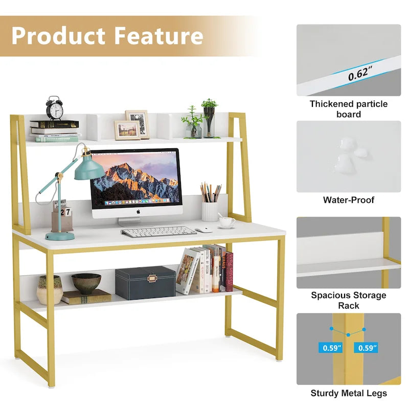 Modern Computer Desk with Open Shelves and Metal Frame