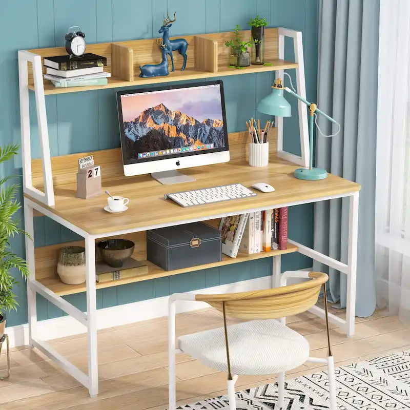 Modern Computer Desk with Open Shelves and Metal Frame