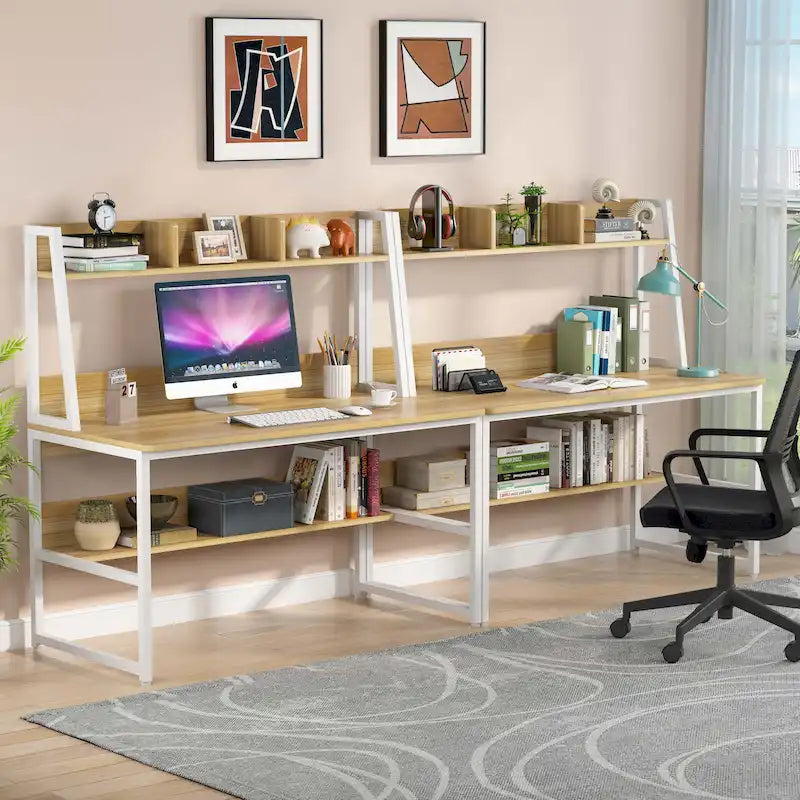 Modern Computer Desk with Open Shelves and Metal Frame
