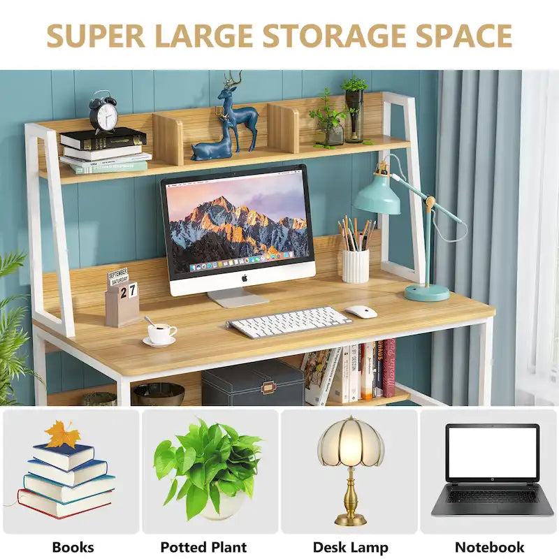 Modern Computer Desk with Open Shelves and Metal Frame