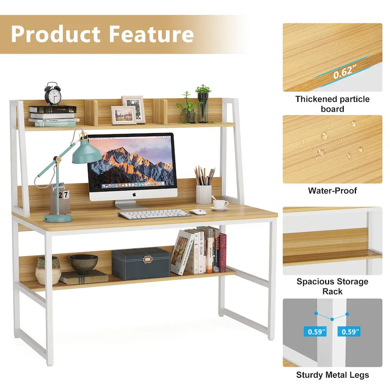 Modern Computer Desk with Open Shelves and Metal Frame