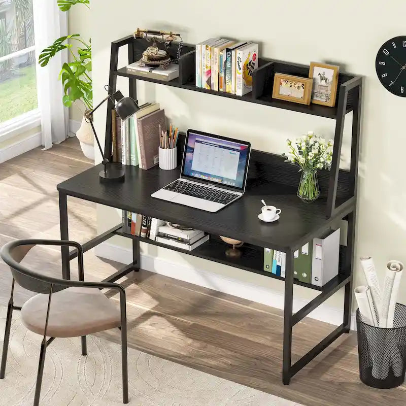 Modern Computer Desk with Open Shelves and Metal Frame