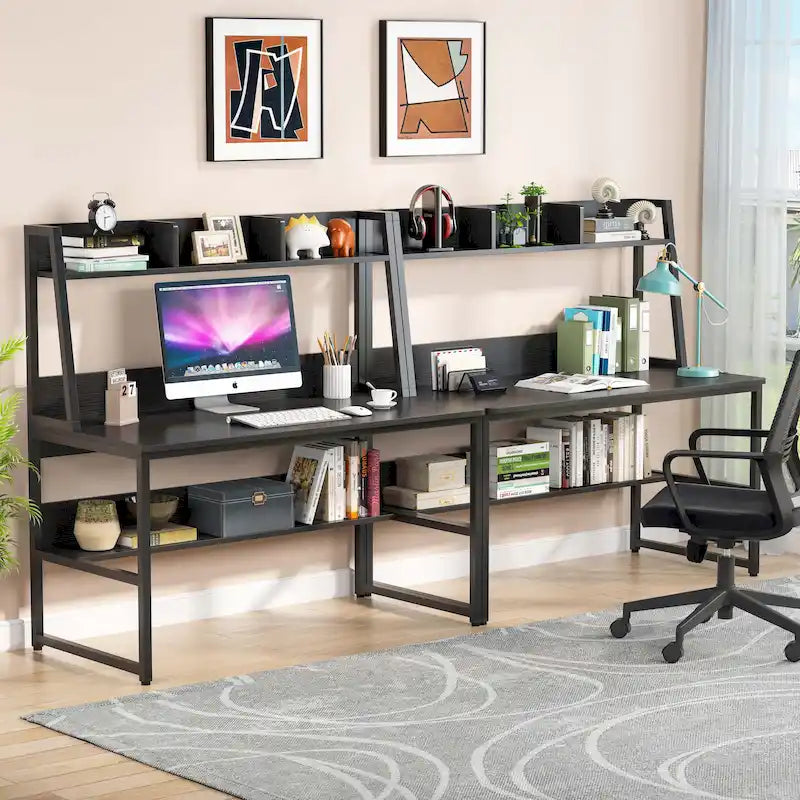 Modern Computer Desk with Open Shelves and Metal Frame