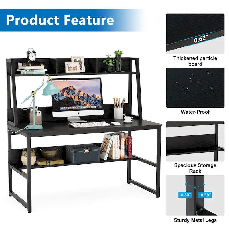 Modern Computer Desk with Open Shelves and Metal Frame