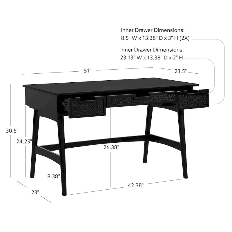 Mid-Century Rattan Drawer Writing Desk in Natural or Black Finish