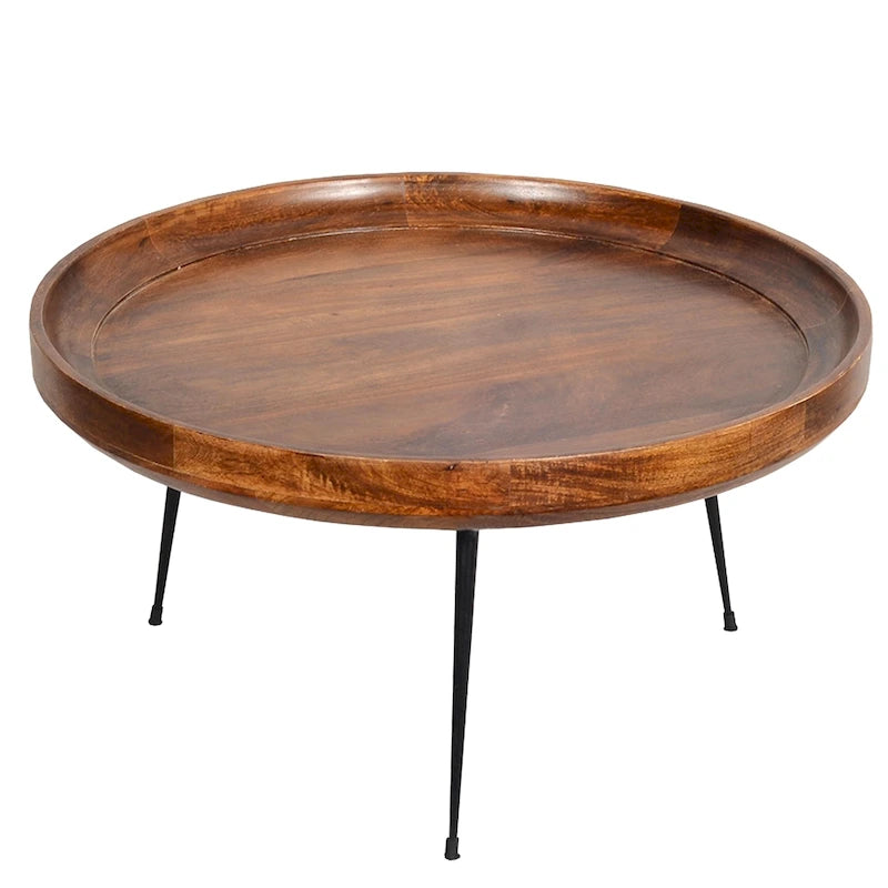 Gia Round Mango Wood Coffee Table With Splayed Metal Legs, Brown and Black